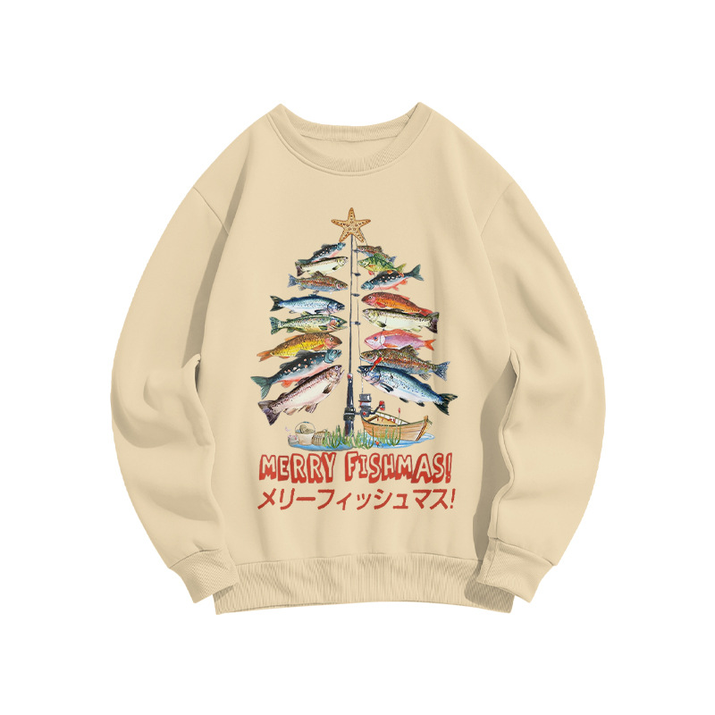 100% Cotton Merry Fishmas! Funny Fish Christmas Tree Print Crew Neck Sweatshirt - Apricot - US16-18(2XL) - image 1
