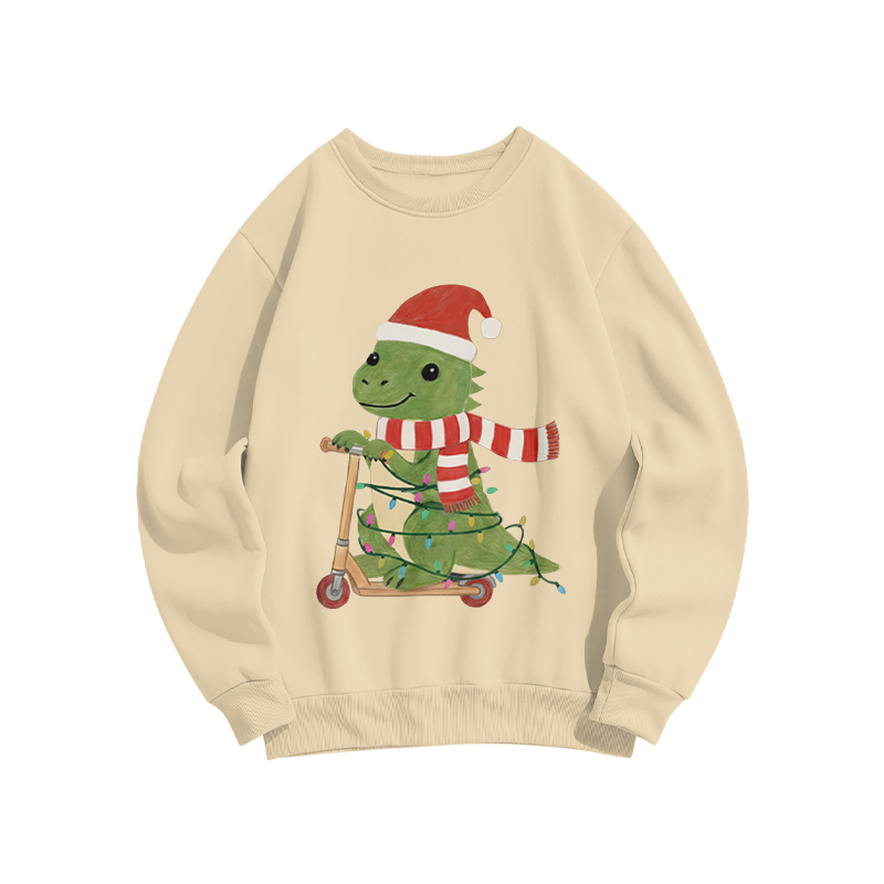 100% Cotton  Christmas Cute Dinosaur Riding A Scooter Print Crew Neck Sweatshirt - Apricot - US16-18(2XL) - image 2
