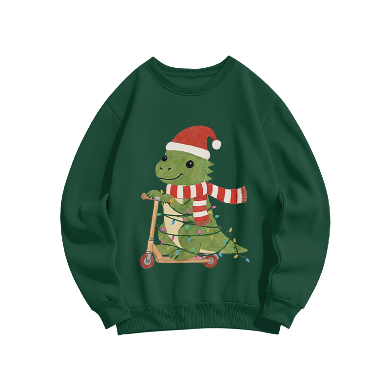 100% Cotton  Christmas Cute Dinosaur Riding A Scooter Print Crew Neck Sweatshirt - Green - US16-18(2XL) - image 1