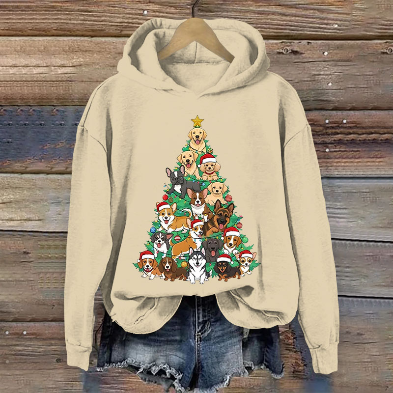 100% Cotton Women's Christmas Tree Dogs Print Hoodie - Apricot - US16-18(2XL) - image 1