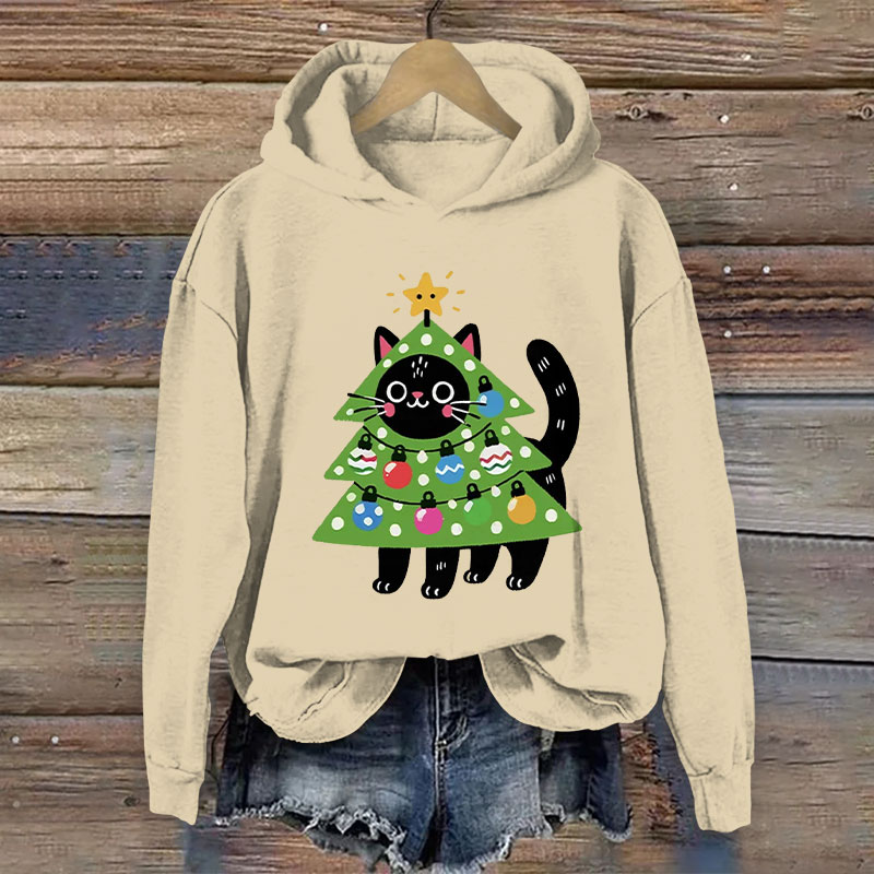 100% Cotton Women's Funny Christmas Tree Cat Print Hoodie - Apricot - US16-18(2XL) - image 1