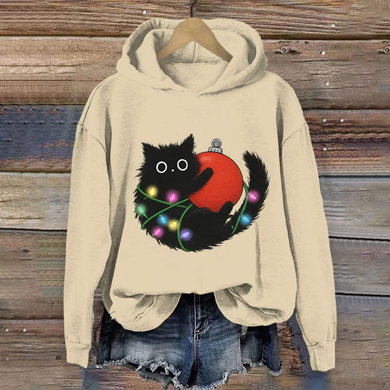 100% Cotton Women's Christmas Kitten Holding Light Bulb Print Hoodie - Apricot - US16-18(2XL) - image 1