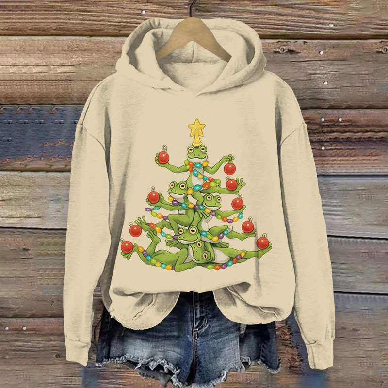 100% Cotton Women's Funny Frog Christmas Tree  Print Hoodie - Apricot - US16-18(2XL) - image 1