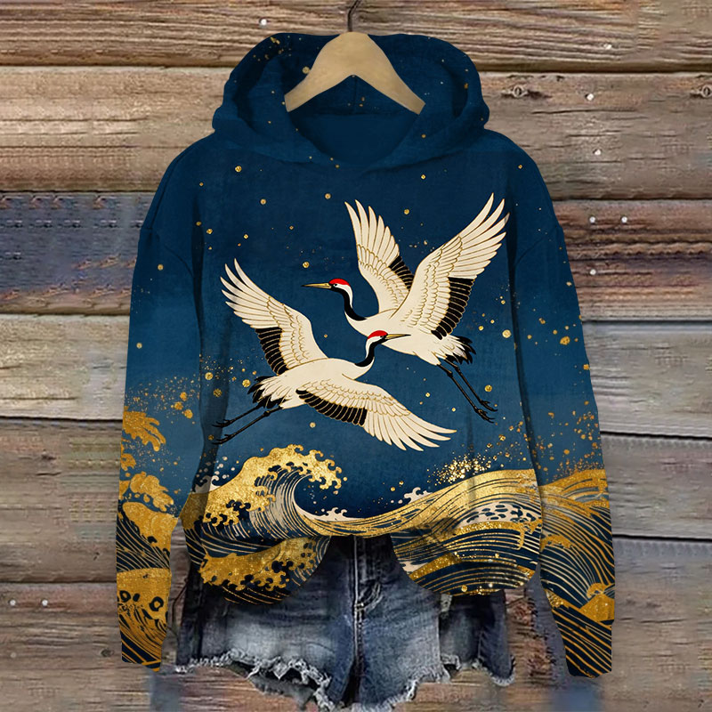 Vintage Golden Ocean Wave & Couple White Cranes Art Print Long Sleeve Hoodie - Blue - US44-46(8XL) - image 1