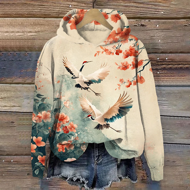 Japanese Vintage White Flying Around Plum Blossom Art Print Long Sleeve Hoodie - Apricot - US44-46(8XL) - image 1