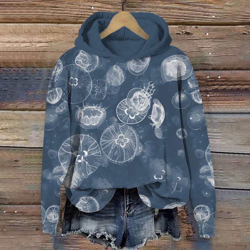  Funny Transparent Jellyfish Art Print Long Sleeve Hoodie - Blue - US44-46(8XL) - image 1