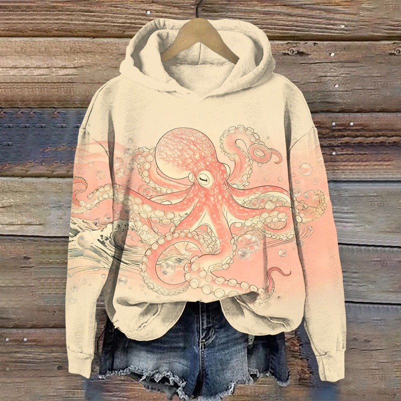Vintage Pink Octopus Art Print Long Sleeve Hoodie - Pink - US44-46(8XL) - image 1