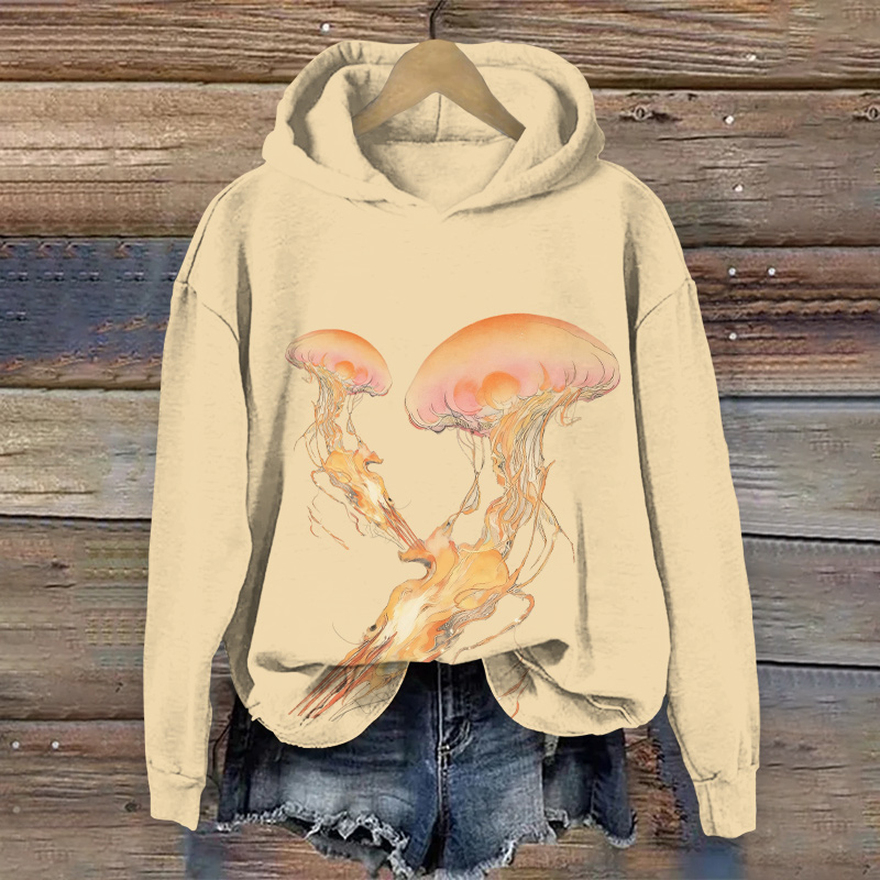 Retro Creative Jellyfish Art Print Long Sleeve Hoodie - Apricot - US44-46(8XL) - image 1