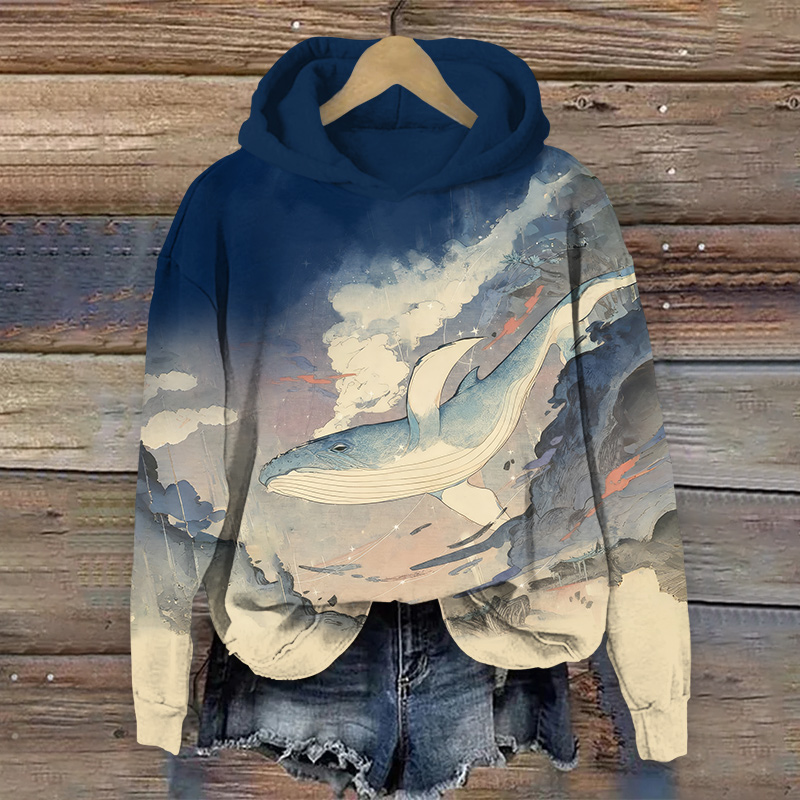 Retro Unique Whale Art Print Long Sleeve Hoodie - Blue - US44-46(8XL) - image 1