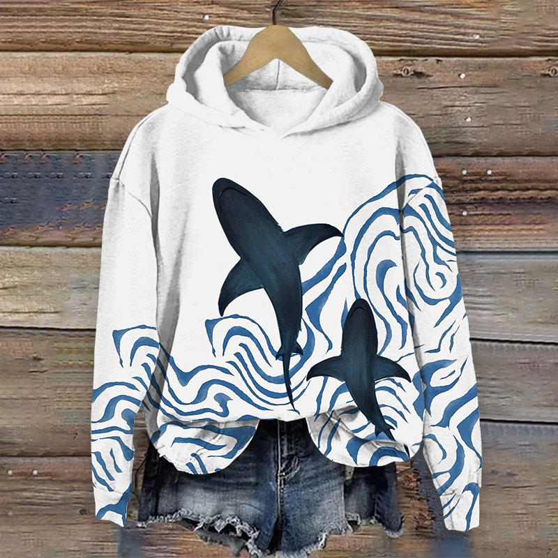 Japanese Ocean Wave Shark Pattern Art Print Long Sleeve Hoodie - White - US44-46(8XL) - image 1