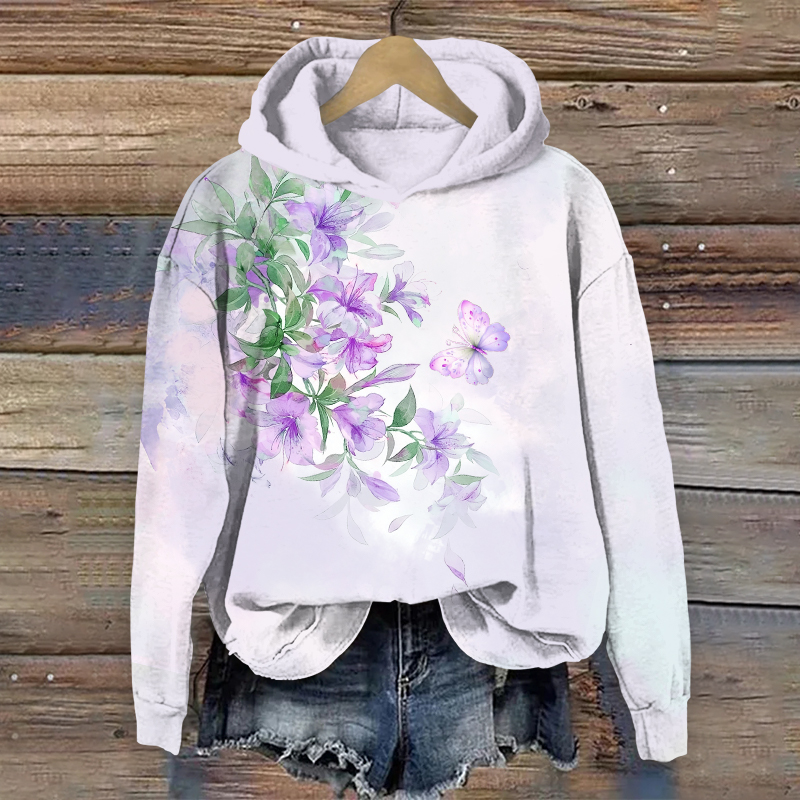 Fantasy Watercolor Morning Glory & Butterfly Art Print Long Sleeve Hoodie - Light Purple - US44-46(8XL) - image 1