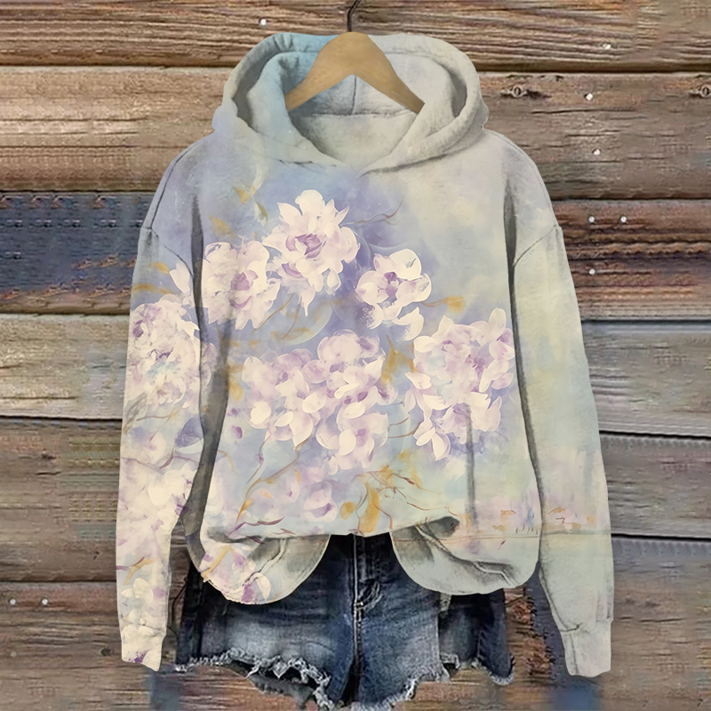 Oil Painting Purple Flowers Art Print Long Sleeve Hoodie - Purple - US44-46(8XL) - image 1