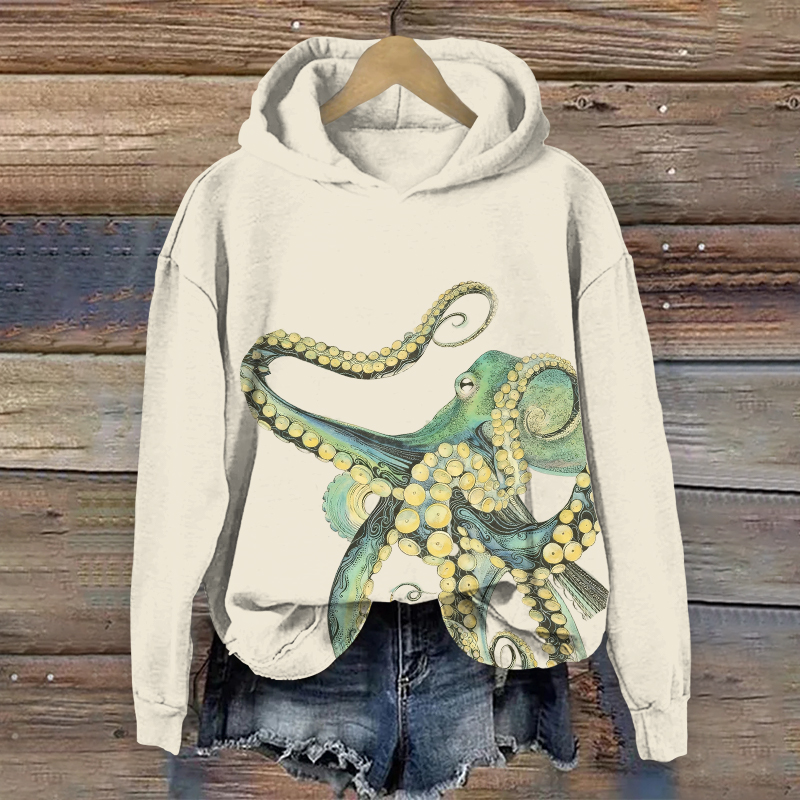 Creative Funny Octopus Art Print Long Sleeve Hoodie - Beige - US44-46(8XL) - image 1