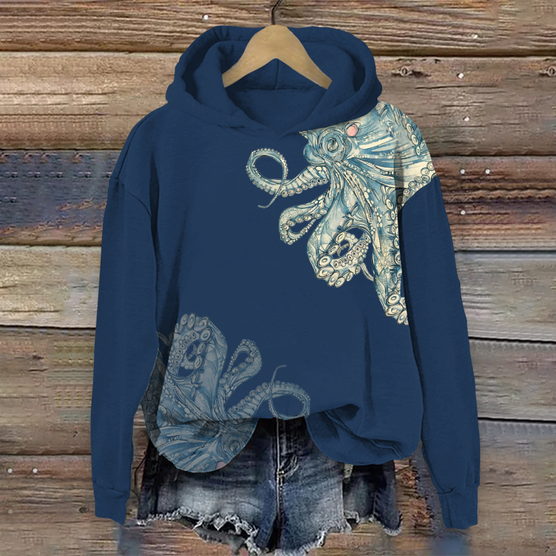 Retro Octopus Pattern Art Print Long Sleeve Hoodie - Dark Blue - US44-46(8XL) - image 1