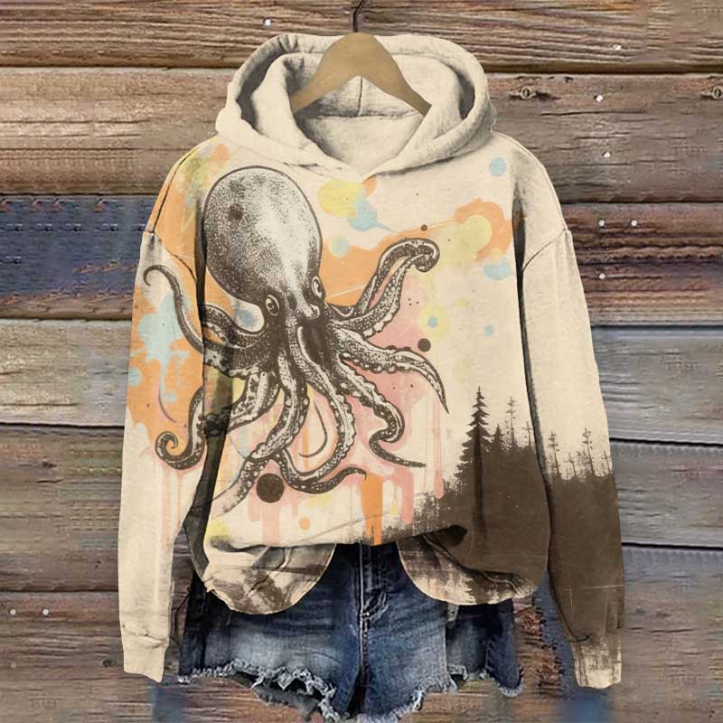 Retro Ink Watercolor Octopus Art Print Long Sleeve Hoodie - Apricot - US44-46(8XL) - image 1