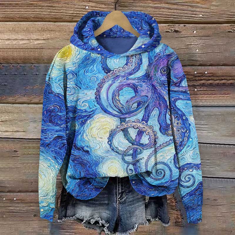 Oil Painting Unique Octopus Art Print Long Sleeve Hoodie - Blue - US44-46(8XL) - image 1