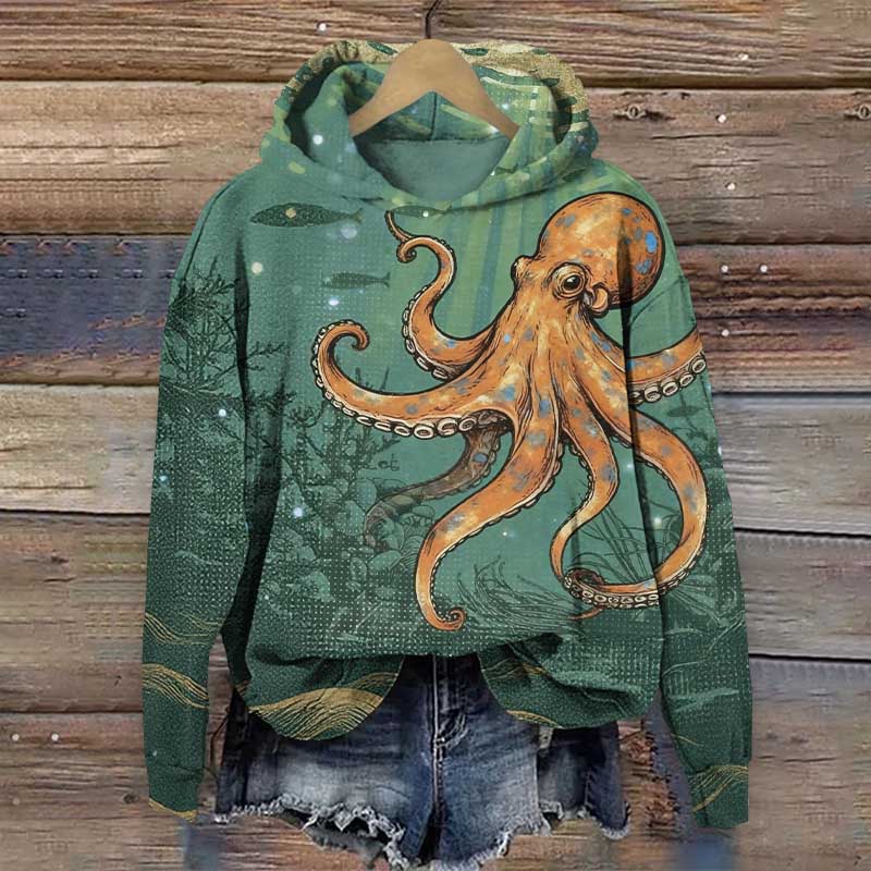 Vintage Underwater Octopus Art Print Long Sleeve Hoodie - Green - US44-46(8XL) - image 1