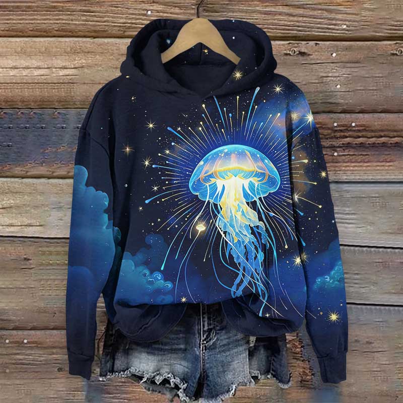 Retro Fireworks Bloom Glowing Jellyfish Art Print Long Sleeve Hoodie - Blue - US44-46(8XL) - image 1