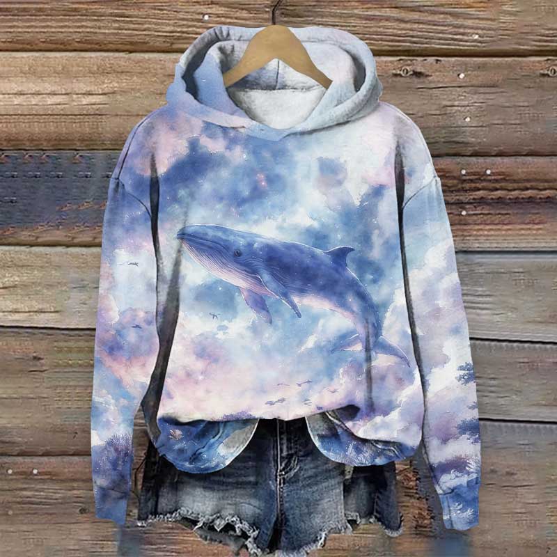 Whale Under Tie-dye Blue Sky Art Print Long Sleeve Hoodie - Blue - US44-46(8XL) - image 1