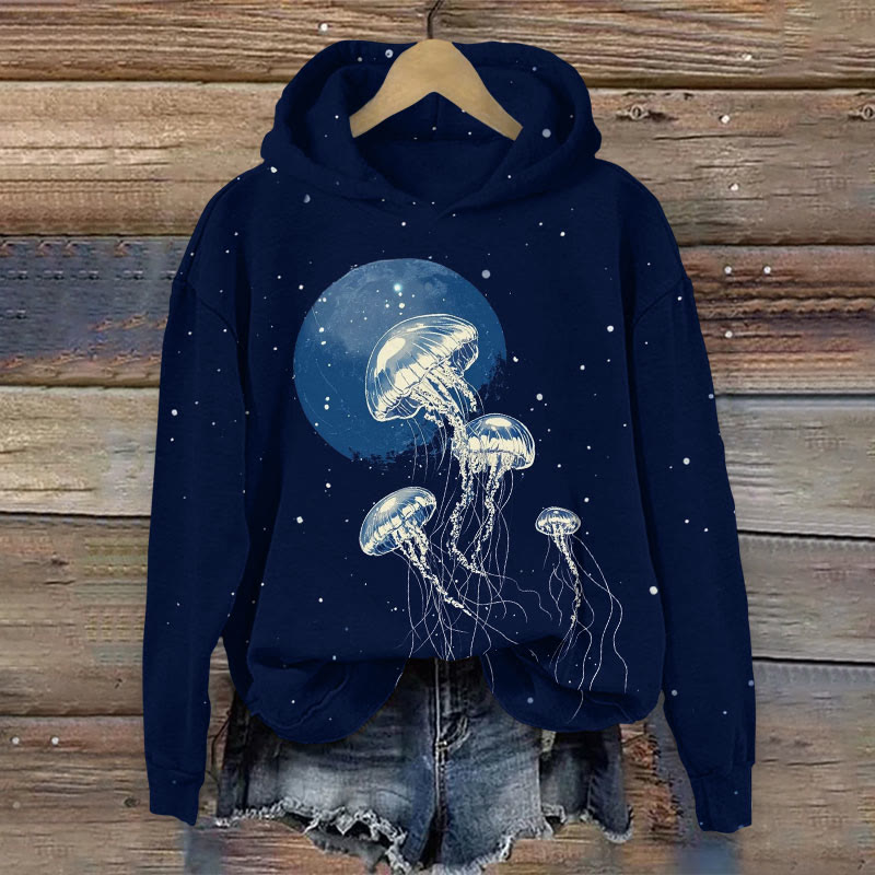Romantic Starry Sky And Luminous Jellyfish Print  Long Sleeve Hoodie - Dark Blue - US44-46(8XL) - image 1