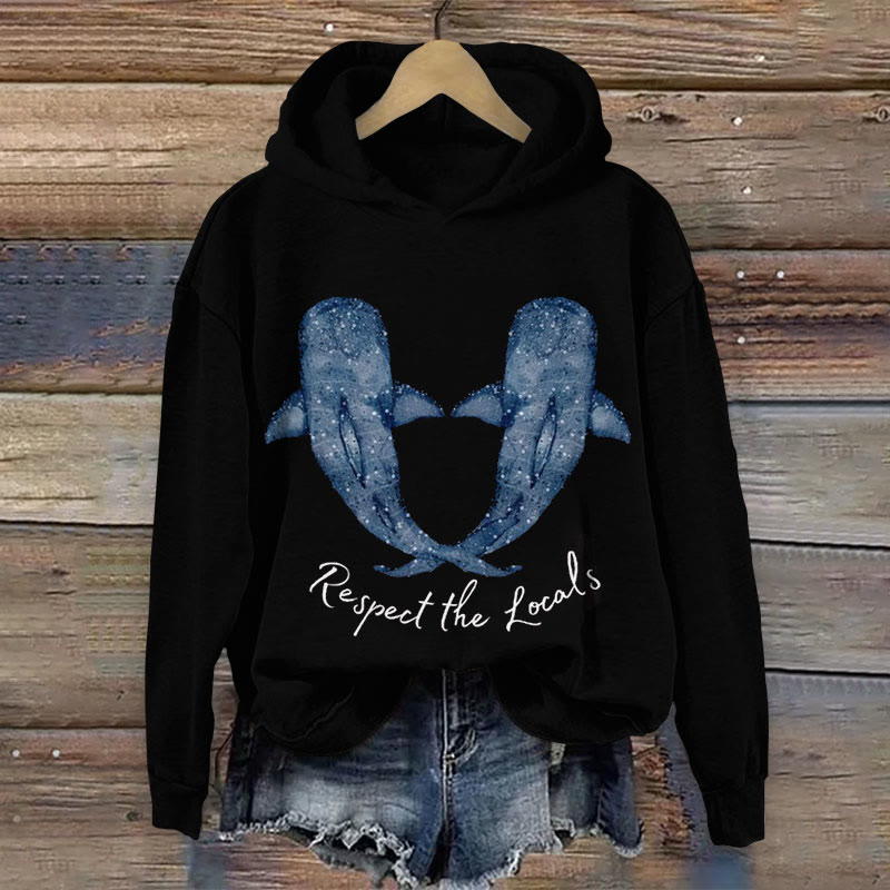 Whale Letter Print  Long Sleeve Hoodie - Black - US44-46(8XL) - image 1