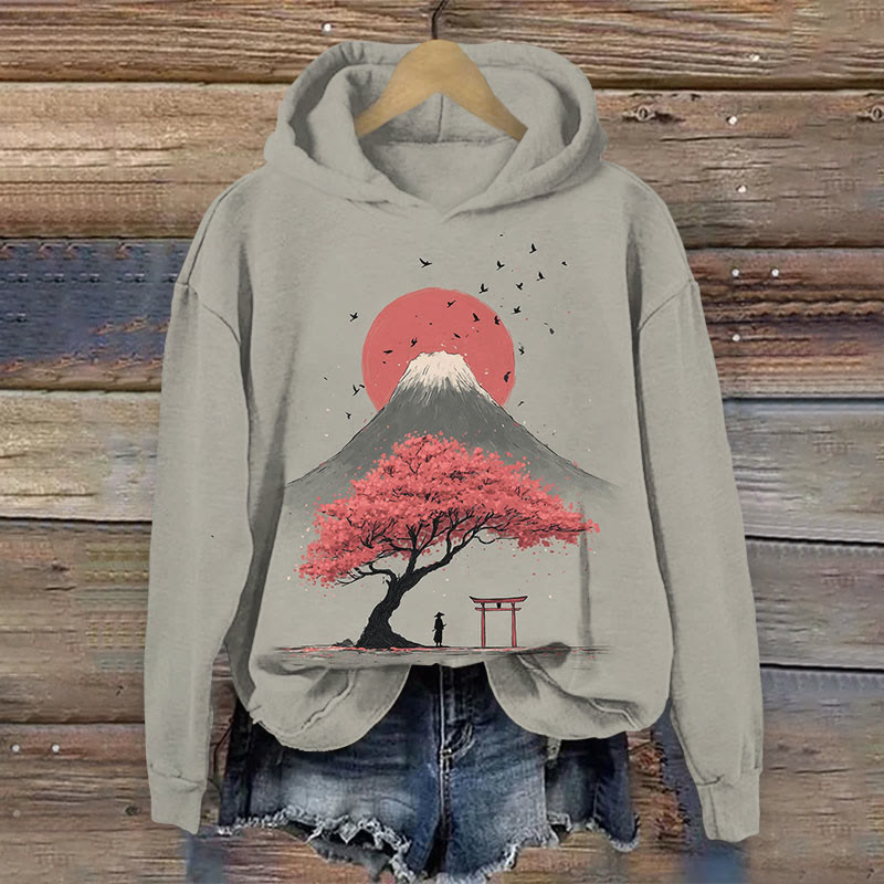 Japanese Culture Floral Art Print Long Sleeve Hoodie - Grey - US44-46(8XL) - image 1