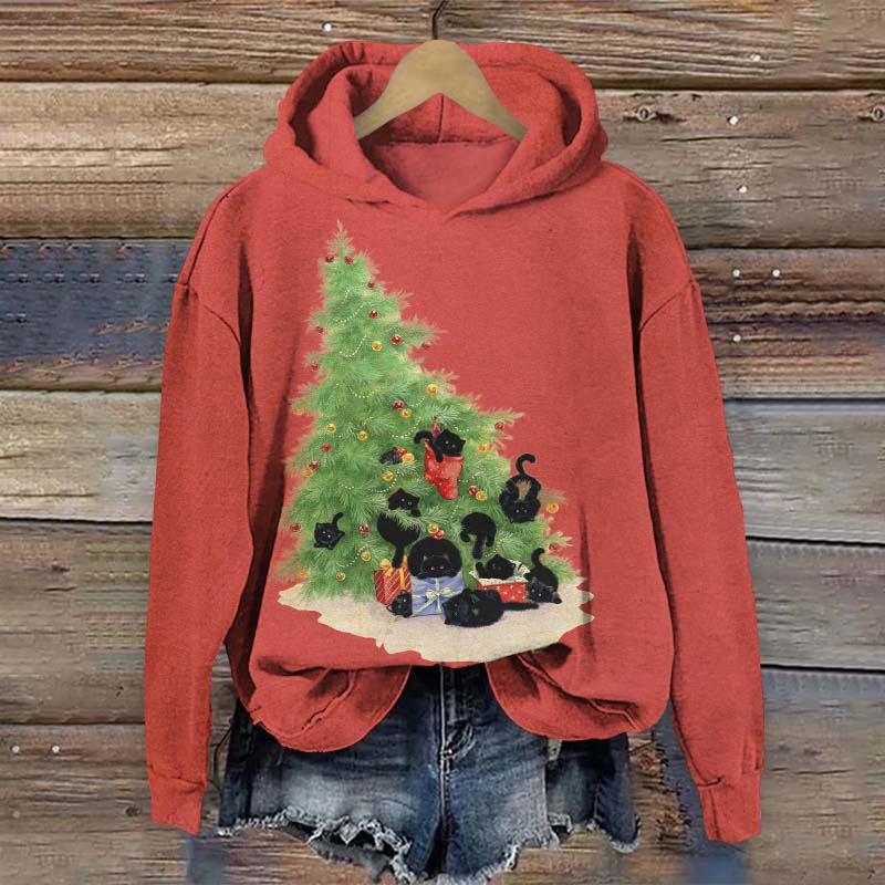 Lovely Christmas Tree Cats Art Print Long Sleeve Hoodie - Red - US44-46(8XL) - image 1
