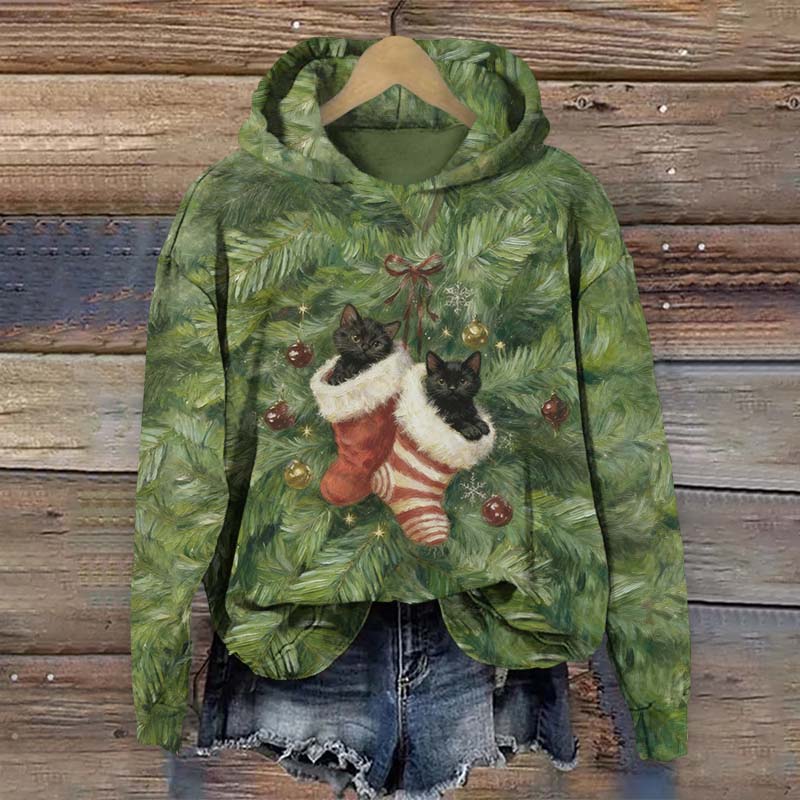 Oil Painting Cute Kitten In Christmas Socks Art Print Long Sleeve Hoodie - Green - US44-46(8XL) - image 1