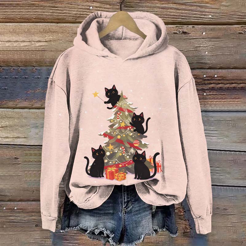 Cute Black Cats Playing Around Christmas Tree Art Print Long Sleeve Hoodie - Pink - US44-46(8XL) - image 1