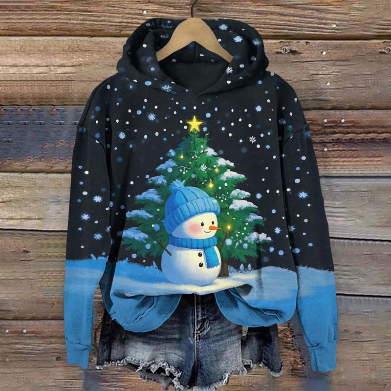 Winter Snowy Christmas Tree & Snowman Art Print Long Sleeve Hoodie - Blue - US44-46(8XL) - image 1