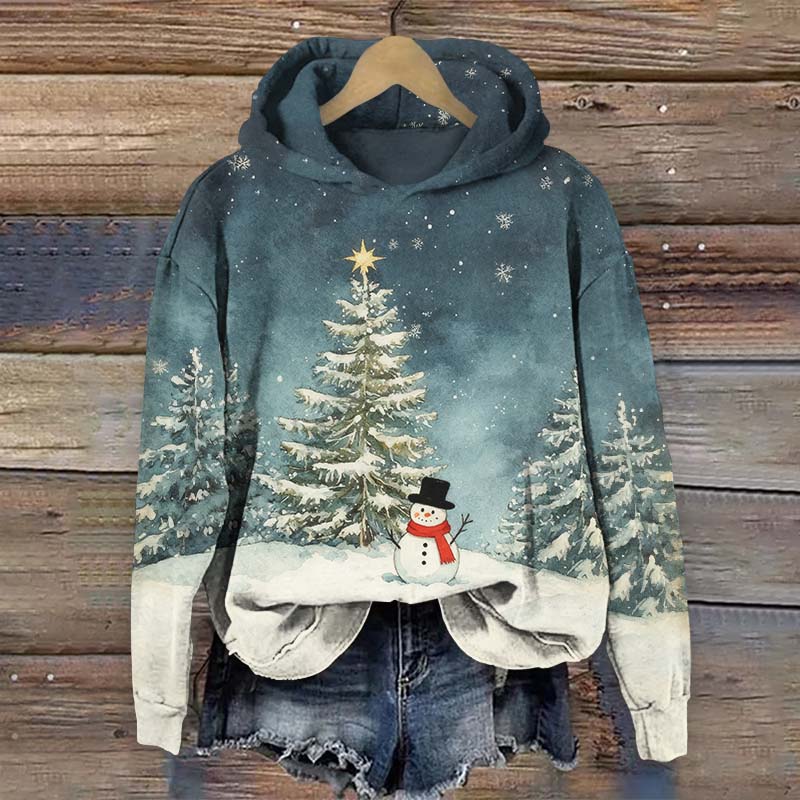 Snowing Christmas Tree & Cute Snowman Art Print Long Sleeve Hoodie - Blue - US44-46(8XL) - image 1