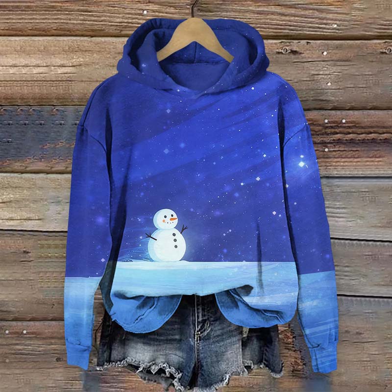 Starry Blue Sky Sunrise Snowman Art Print Long Sleeve Hoodie - Blue - US44-46(8XL) - image 1