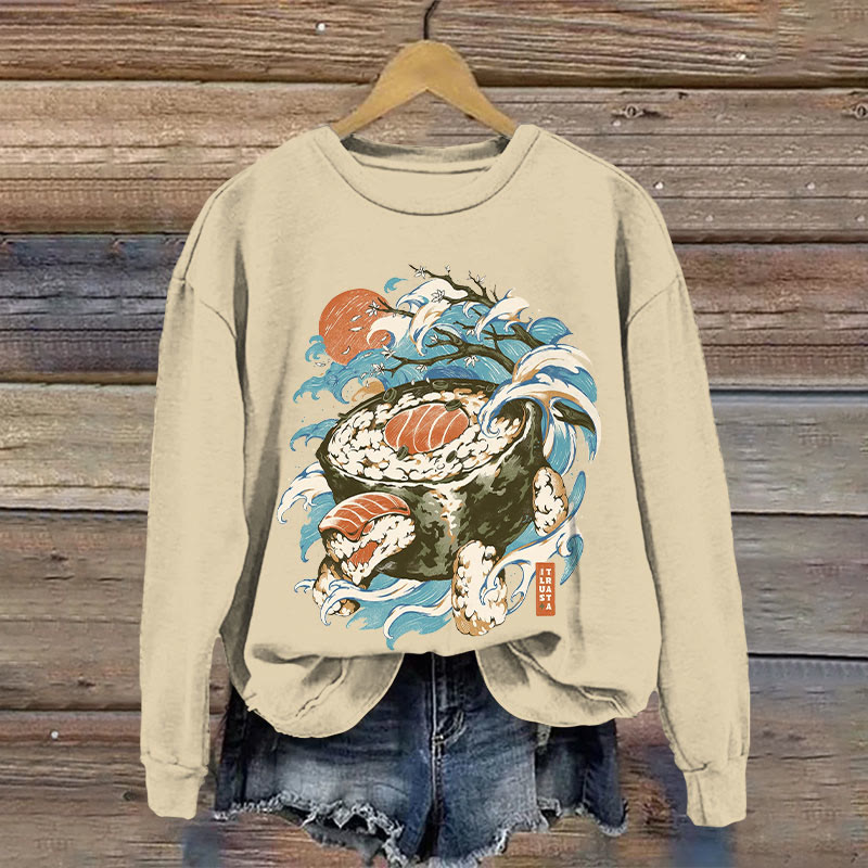 Japanese Retro Sushi Pattern Print Long Sleeve Sweatshirt - Apricot - US16-18(2XL) - image 1