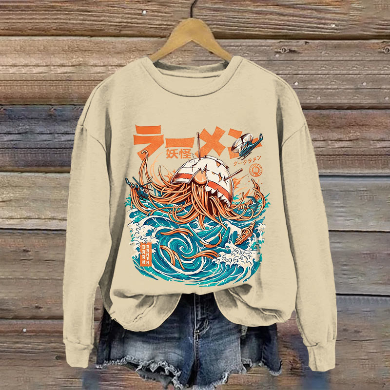 Japanese Retro Fun Ramen Pattern Print Long Sleeve Sweatshirt - Apricot - US16-18(2XL) - image 1