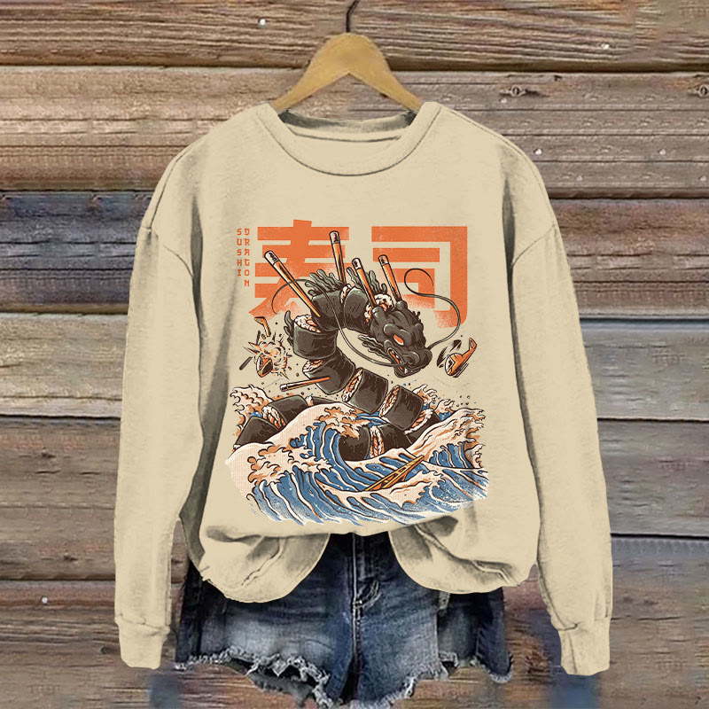 Japanese Retro Black Dragon Sushi Pattern Print Long Sleeve Sweatshirt - Apricot - US16-18(2XL) - image 1