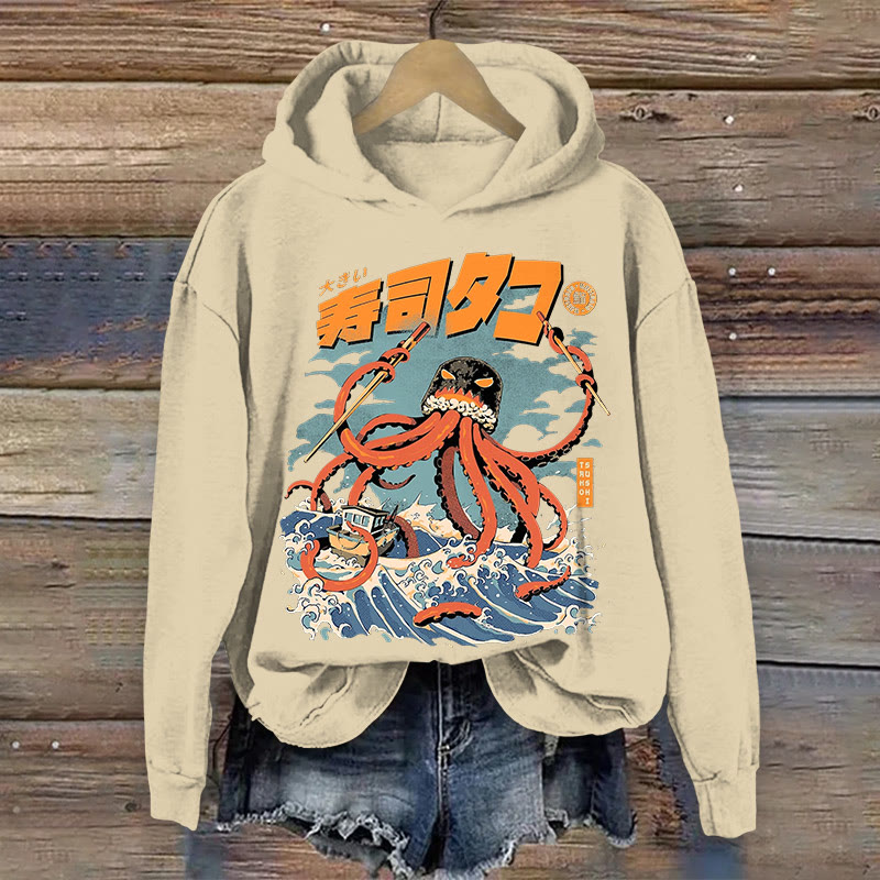 Japanese Retro Ocean Wave Octopus Pattern Print Long Sleeve Hoodie - Apricot - US16-18(2XL) - image 1