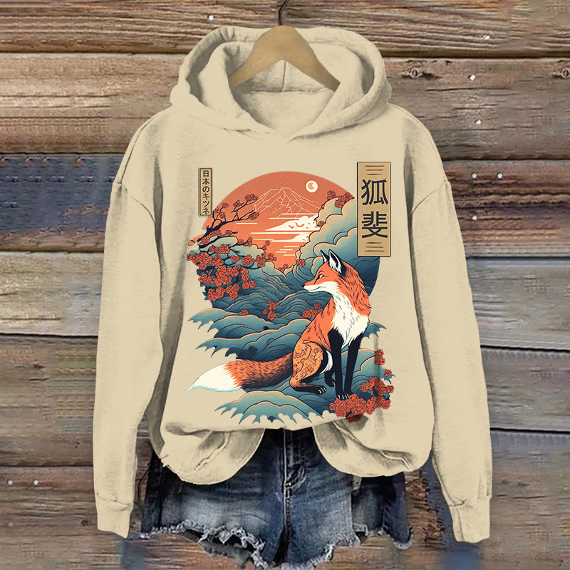 Japanese Plum Blossom And Fox Art Pattern Print Long Sleeve Hoodie - Apricot - US16-18(2XL) - image 1