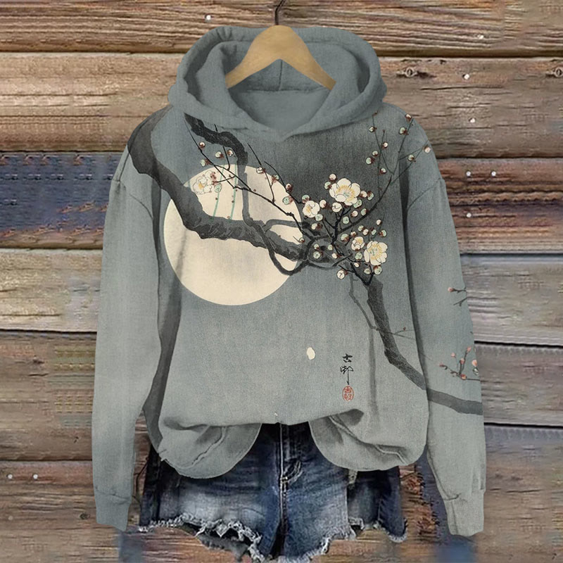 Japanese Retro Plum Blossom And Sun And Moon Pattern  Print Long Sleeve Hoodie - Grey - US44-46(8XL) - image 1