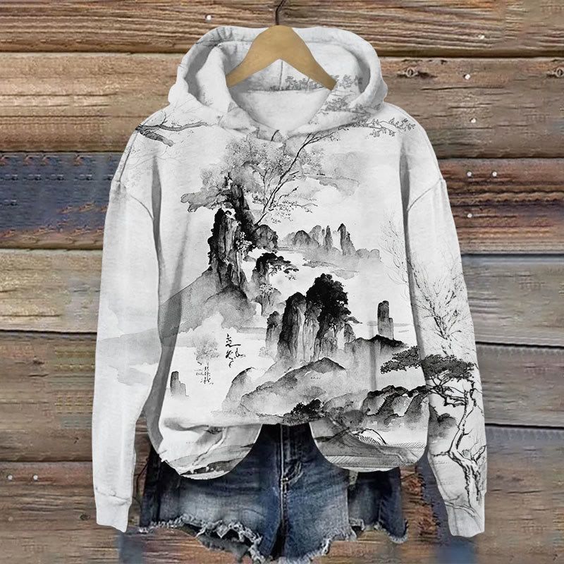 Landscape Ink Art Pattern Pattern  Print Long Sleeve Hoodie - White - US44-46(8XL) - image 1