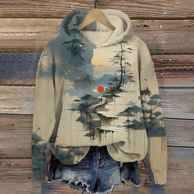 Retro Landscape Art Pattern Print Long Sleeve Hoodie - Army Green - US44-46(8XL) - image 1