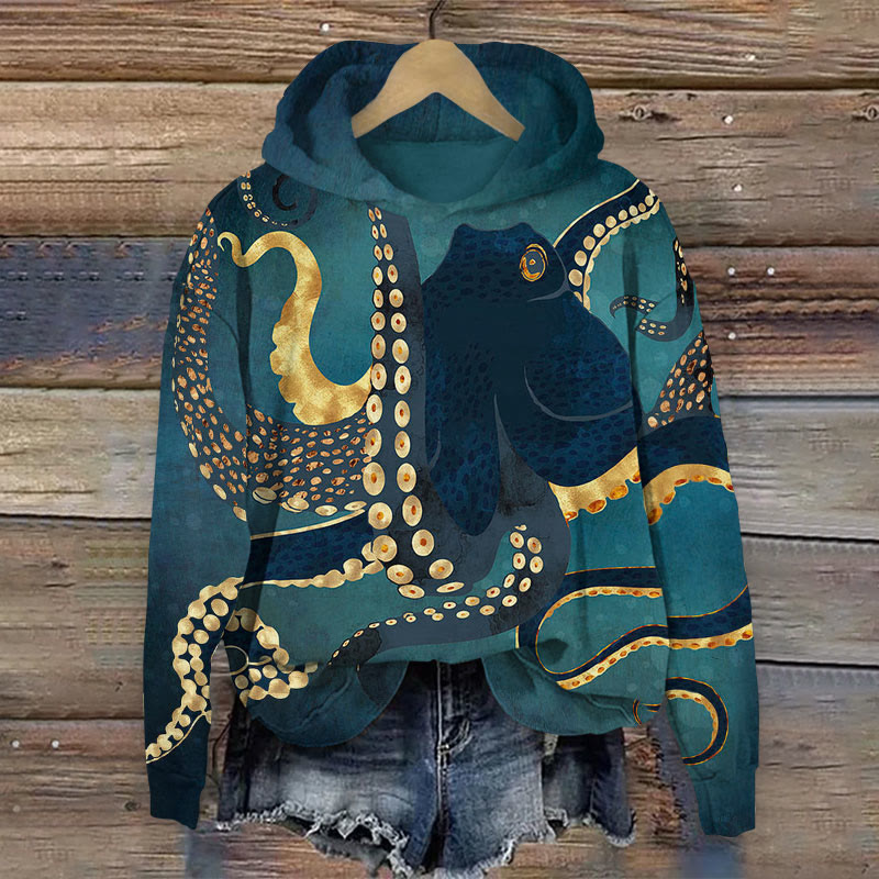 Fun Octopus Art Pattern Print Long Sleeve Hoodie - Dark Green - US44-46(8XL) - image 1