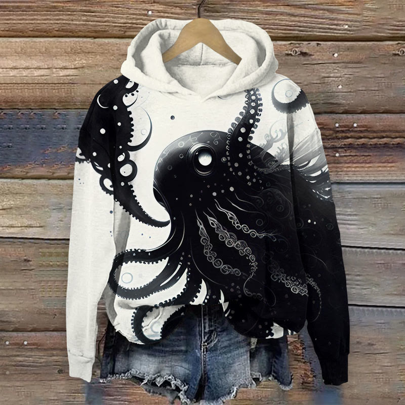 Fun Dark Octopus  Print Long Sleeve Hoodie - White - US44-46(8XL) - image 1