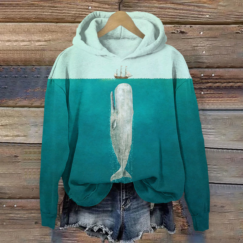 Sea World Underwater Whale Boat Print Long Sleeve Hoodie - Green - US44-46(8XL) - image 1