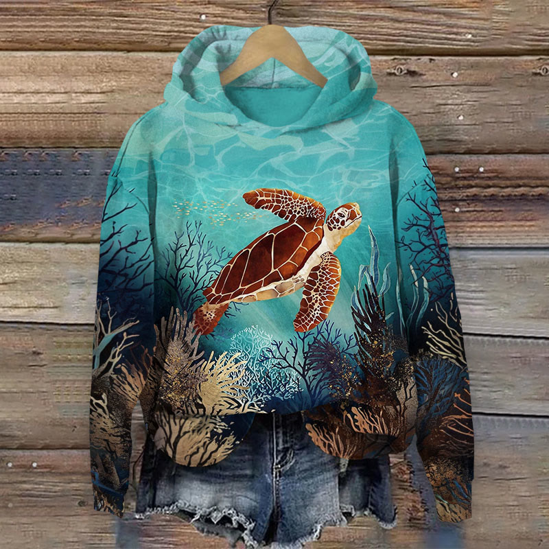 SeaWorld Turtle and Coral  Print Long Sleeve Hoodie - Green - US44-46(8XL) - image 1