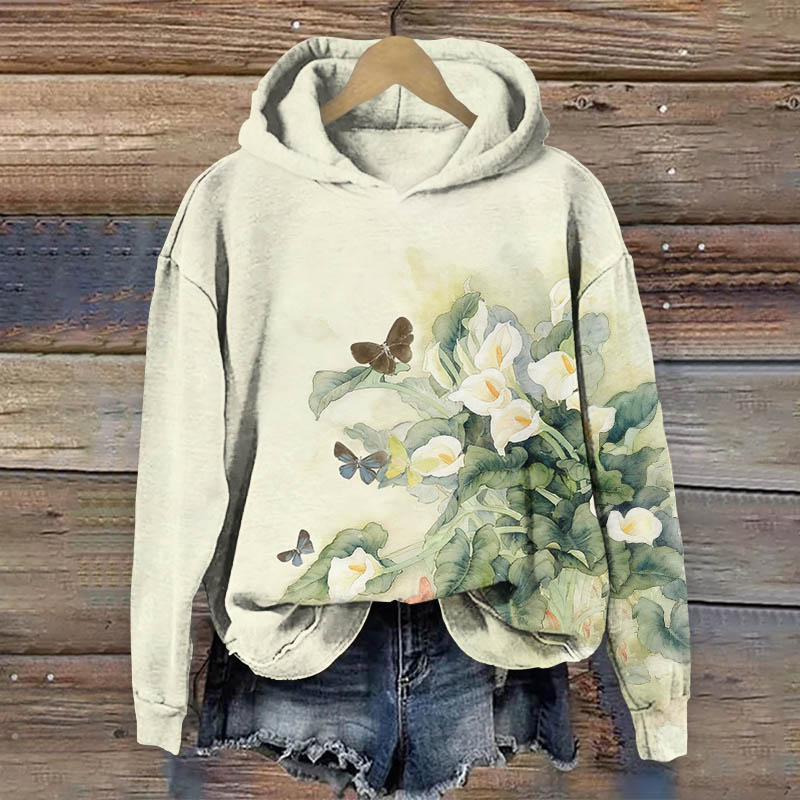 Oil Painting Lily & Butterfly Art Print Long Sleeve Hoodie - Beige - US44-46(8XL) - image 1