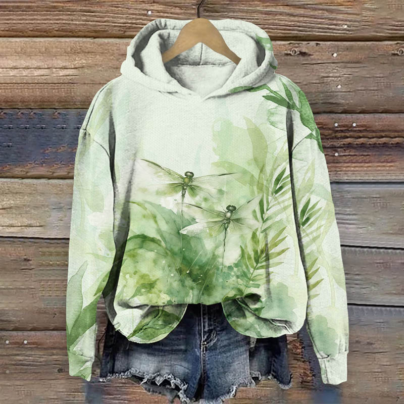 Watercolor Dragonfly Field Scenery Art Print Long Sleeve Hoodie - Green - US44-46(8XL) - image 1