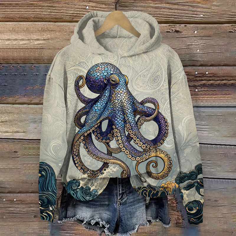 Retro Colored Scale Mosaic Pattern Octopus Art Print Long Sleeve Hoodie - Grey - US44-46(8XL) - image 1