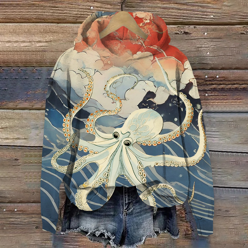 Vintage Cartoon Panicked Octopus In Stormy Ocean Art Print Long Sleeve Hoodie - Blue - US44-46(8XL) - image 1