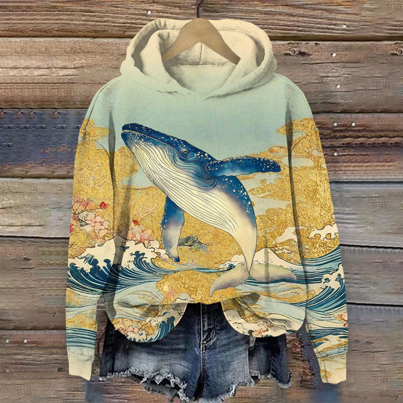 Japanese Vintage Whale Leaps Out Of The Sea Art Print Long Sleeve Hoodie - Blue - US44-46(8XL) - image 1