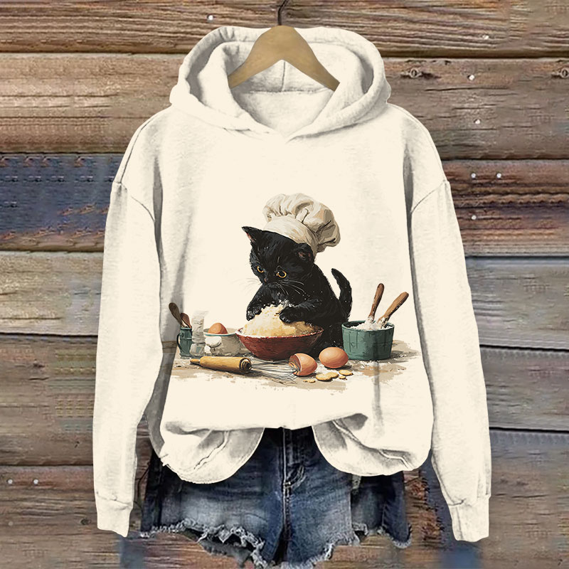 Creative Chef Cat Kneading Dough Art Print Long Sleeve Hoodie - Beige - US44-46(8XL) - image 1